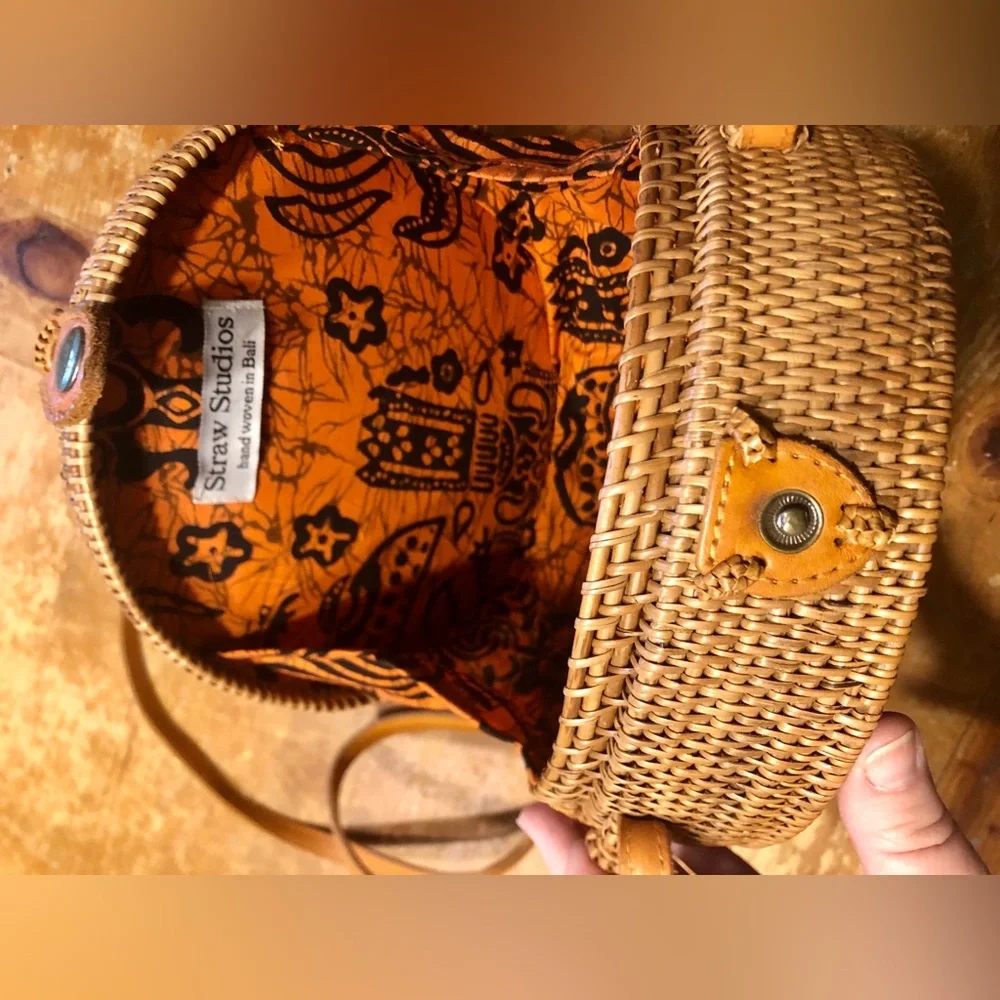 Straw Studios Round Straw and Leather Woven Crossbody Bag in Tan